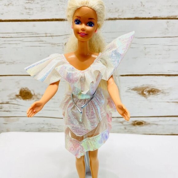Mattel Other - MATTEL BARBIE Doll Blond Hair Blue Eyes White & Pink Dress 12" Tall